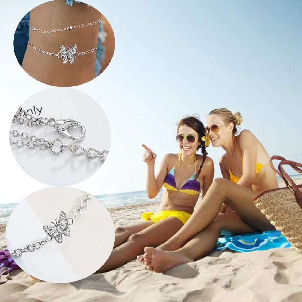 Silver Ankle Bracelets for Women,14K Heart Double Layer Women's Anklets Adjustable Beach Anklets