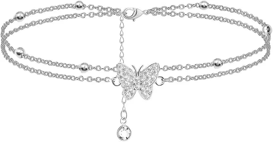 Silver Ankle Bracelets for Women,14K Heart Double Layer Women's Anklets Adjustable Beach Anklets