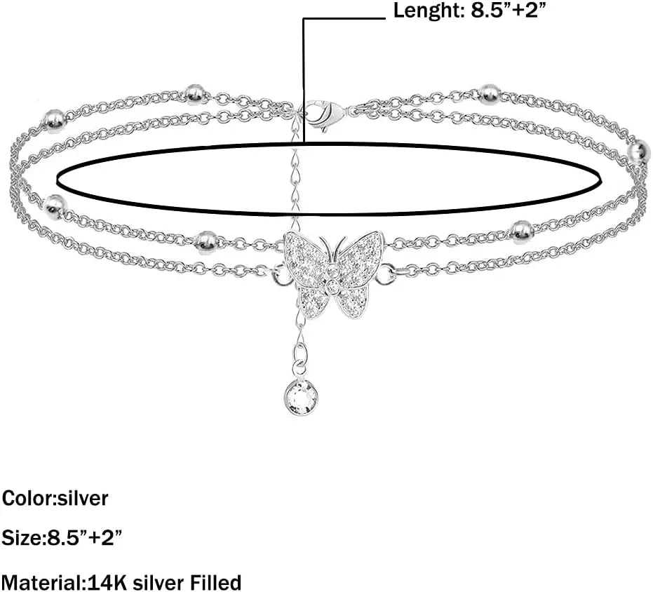 Silver Ankle Bracelets for Women,14K Heart Double Layer Women's Anklets Adjustable Beach Anklets